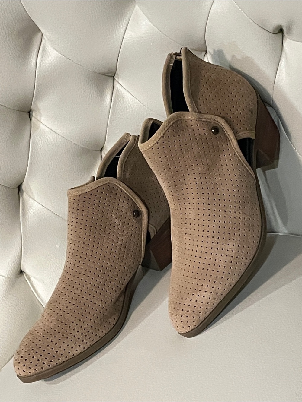 Adam Tucker Taupe Perforated Suede Ankle Booties